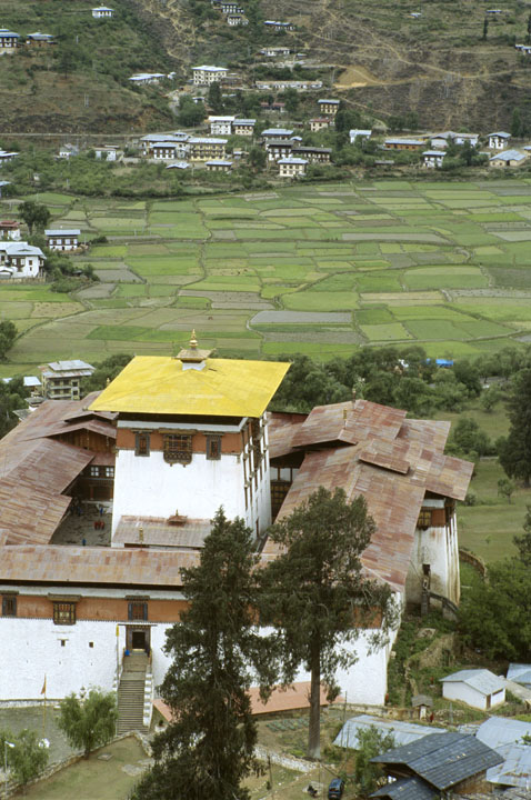 b_518l paro.jpg - Bhoutan - vallée de Punakha, Dzong de Punakha le dzong nommé ""forteresse des joyaux amoncelés"" et la vallée